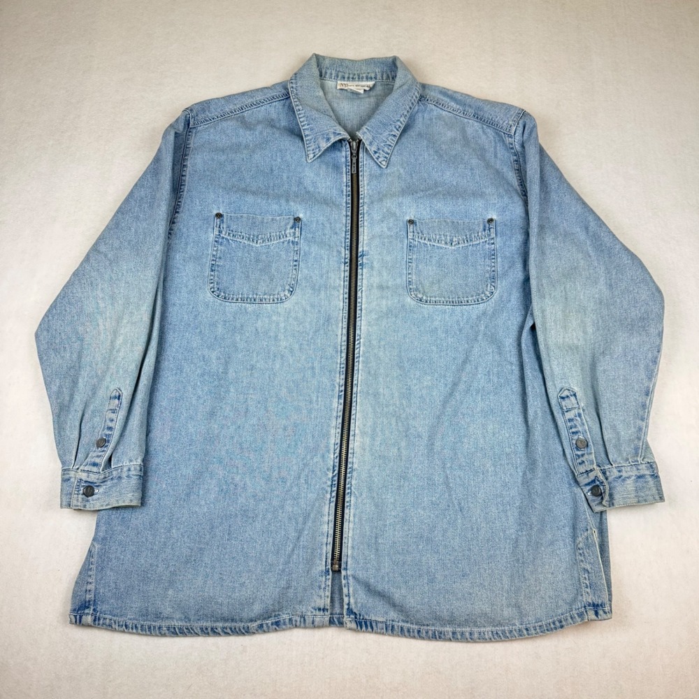 NY Jeans New York Jeans Denim Shirt Jacket Light Wash Zip Up Shacket Blue Large
